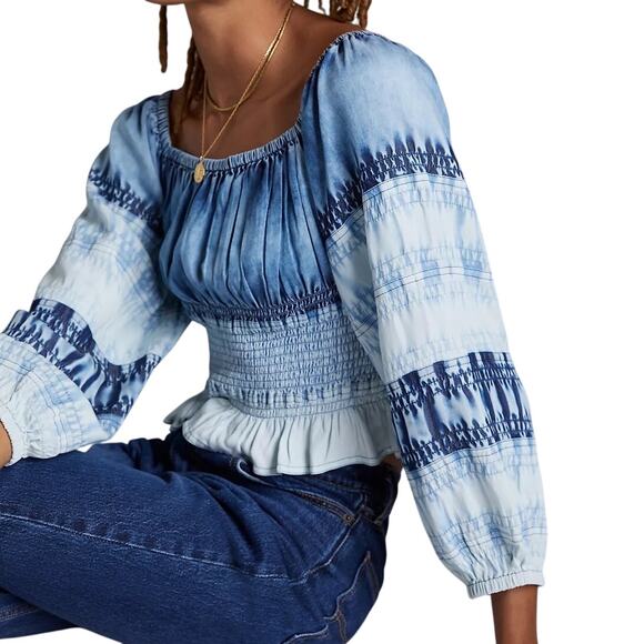 Anthropologie Pilcro Blue Ombre Chambray Smocked Square Neck Cropped Top - Picture 1 of 14